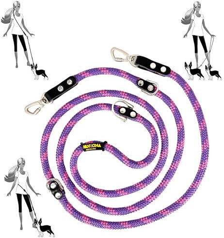 Freihändige Hundeleine, Mehrfachposition, für 2 Hunde, mit Leder. Violett Rosa & Schwarz.