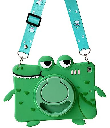 SINQERISHT Tablet Case for Samsung Galaxy Tab A7 Lite 8.7 inch 2021 | SM-T220/T225 Cover with 360° Swivel Stand/Handle Grip/Shoulder Strap, Shockproof Silicone Cover 3D Cute Dinosaur Case(Green)