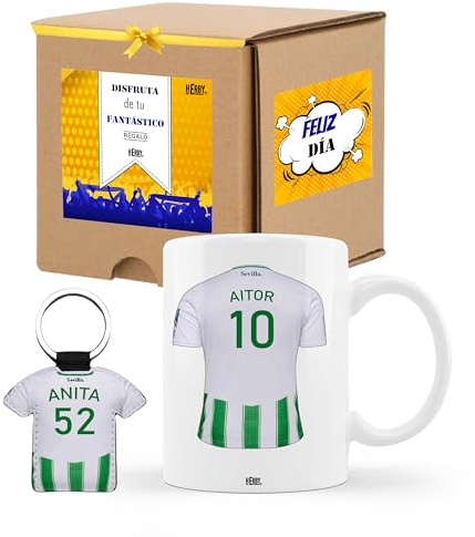 Taza del Betis personalizada con nombre y número más llavero del Betis caja de regalos del Betis taza de cerámica para te café o chocolate de 325 ml regalos para fanáticos del futbol(Betisx2c)