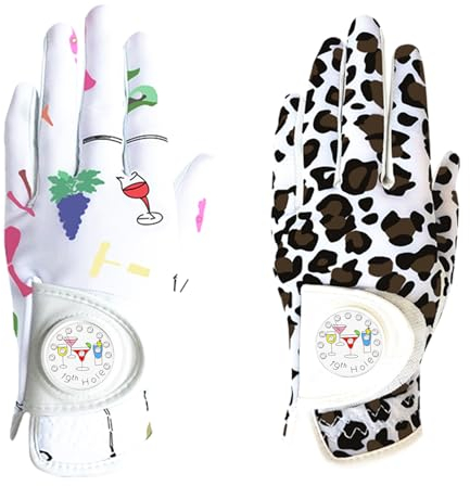 Generisch Golf Handschuhe Damen mit Ball Marker Regen Linke Hand Leder Gedruckt 2-Pack, Damen Golf Handschuhe Soft Bequem Allwetter Griff Atmungsaktive weiche Größe S M L (Weiß+Braun, M, Links)