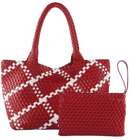 SporGenius Gewebte Tragetasche für Damen, handgewebte Reisetaschen, große vegane Ledertaschen mit kleiner, handgefertigter Geldbörse, Rot und weiß, Large