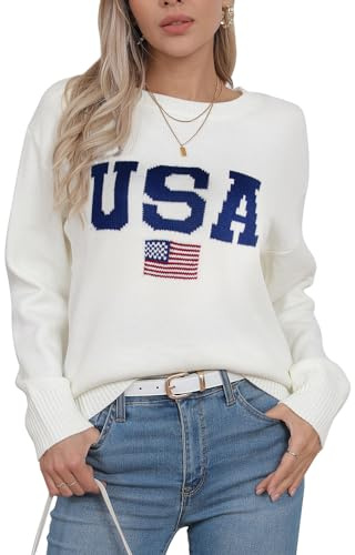 Drvitor Suéter de manga larga con cuello redondo para mujer, diseño de bandera americana, 017-blanco, Large