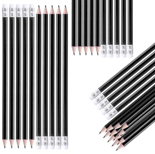 NIPORO Bleistifte HB 100 Stück weiß Holzbleistifte mit Radiergummi, pencil, vorgespitzt, 19 cm Länge, Sparpack, Nachhaltig, (Schwarz)