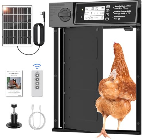 Aluminum Automatische Hühnerklappe Solar, CHAMUTY Elektrische Hühnerklappe Automatisch Hühnerstalltür mit LED Display, Lichtsensor, Timer, Fernbedienung, 7W Solarpanel, 2 Lademethoden, Platz Sparen