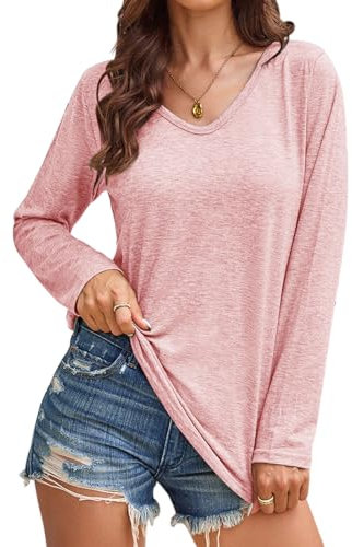 EDOTON T-Shirt à Manches Longues pour Femme Col en V Haut Décontracté Manches Amples T-Shirt Tunique Femme Chemises Shirts (S,B Rose)