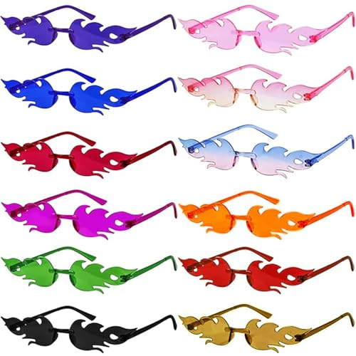 lakigoes Party Brille 12 Stück Flammen Sonnenbrille Lustige Flammen Partybrille Set Randlose Hippie Brille Bunte Brillen Spassbrillen für Fasching Foto Requisiten für Kinder und Erwachsene