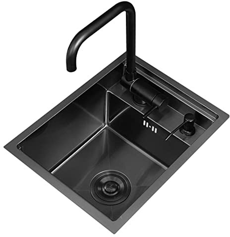 LAMEDOAT Isla de Cocina con Fregadero Invisible, estación de Trabajo, Fregadero de preparación, Fregadero de Acero Inoxidable de un Solo tazón con Grifo Plegable de Agua fría y Caliente (Color: Negro