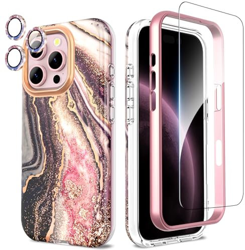 SHEDEER for iPhone 16 Pro Case with Screen Protector + Bumper & Camera Protector, TPU Shockproof 360° Protection, 16 Pro Cases Glossy Fade-Resistant Pattern Phone Case 16 Pro, Black