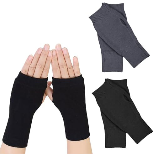 InnoSpring 2 Paar Handschuhe ohne Finger, Damen Pulswärmer, Fingerlose Handschuhe ohne Fingerkuppen aus weichem Kaschmir, mit Fleece gefüttert, kurze Strickhandschuhe (Schwarz + Dunkelgrau)