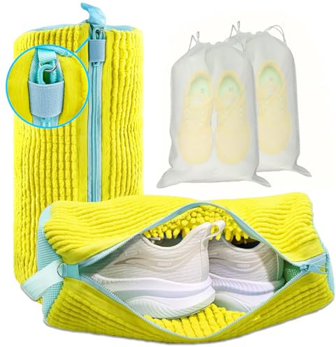 XXL Schuhwaschbeutel Waschmaschine - 2er-Pack Wiederverwendbar Schuhe Waschbeutel, 360° Tiefenreinigung für Sneaker, Tennisschuhe und Slippers, Inkl. 2 Staubdicht Schuhsack (Gelb)