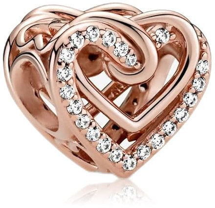 Amieween 925 Sterling Silber Charm für Damen Armbänder Halskette Roségold Herz an Herz Diamant-Anhänger 5A Zirkonia Charms als Valentinstagsgeschenk für Damen