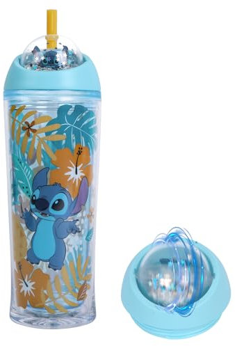 MINISO Stitch Bouteille d'eau avec paille pour enfants - 385 ml - Sans BPA - Lilo et Stitch - Bouteille en plastique anti-fuite pour crèche et école