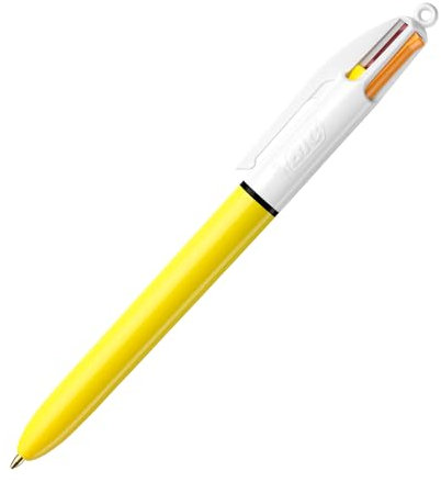 BIC Stylo solaire rétractable 4 couleurs Jaune Soleil Couleur Corps Stylo multicolore avec quatre encres vives assorties Stylo multicolore tout-en-un pour l'école, le bureau et le code couleur