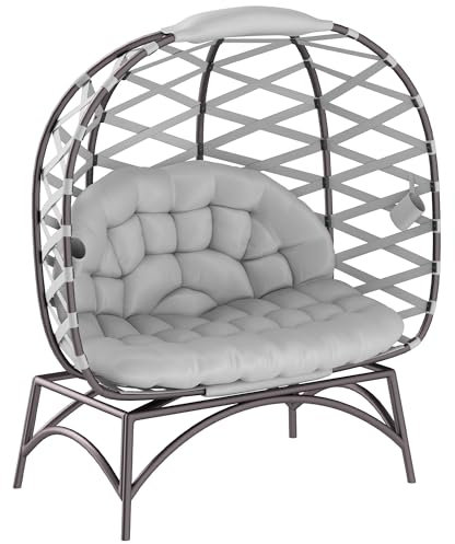 Outsunny Egg Chair Outdoor, 2 Seater Folding Weave Garden Furniture Chair with Cushion, Cup Pockets for Patio Balcony - Light Grey