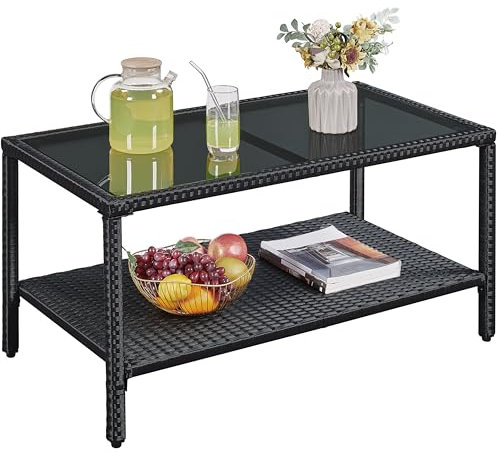Yaheetech Poly-Rattan Gartentisch Beistelltisch mit Glasplatte & Ablage Balkontisch Terrassentisch Couchtisch Loungetisch für Indoors Outdoors, Schwarz