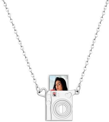 Kiddo Sky Personalised Photo Locket Necklace, Camera-Shaped Design, Custom Photo Pendant Necklace - Mothers Day Photo Gifts for Mom Wife Valentines Love Memorial Gifts for Girlfriend (Silver)