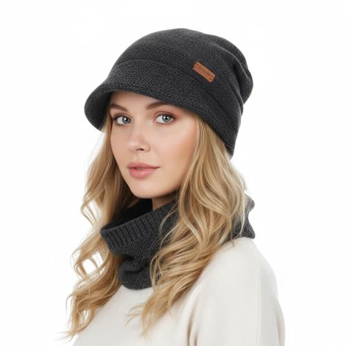 Qwrqwr Damen Mütze Winter mit Schal Set Damenhut Strick Sets Kopfbedeckung Ultra Weiches Innenfutter für Extreme Kälte Herbst und Winte (Schwarz, Eine Größe)