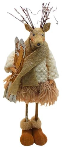 XXL Deko-Hirsch, Deko-Rentier, Reh mit Geweih, Rehfigur, Rentierfigur, stehender Textil-Hirsch mit Ski, Schal und Winterschuhe in weiß-braun; Maße einer Hirschskulptur: L/B/H 15 x 12 x 40cm.