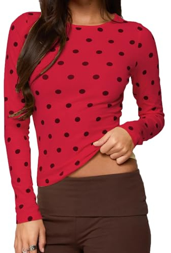 Women's Long Sleeve Polka Dot T Shirt Slim Fit Crew Neck Casual Basic Crop Tops Sexy Night Out Going Out Tee Shirts