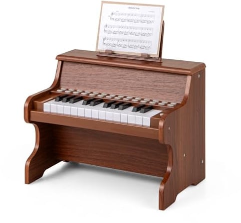 GOPLUS Klavier Kinder, 25 Tasten Leuchttasten-Piano, elektrisches Holzklavier mit abnehmbarem Notenhalter, Lehrmodus, einstellbare Lautstärke, Musikinstrument für Kinder ab 3 Jahren (Braun)
