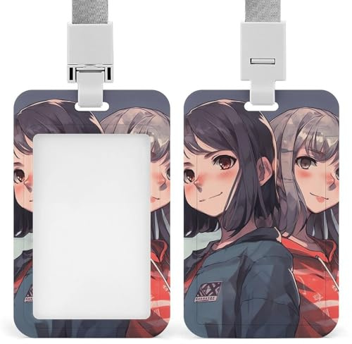 Ausweishalter mit Lanyard, zwei Anime-Frauen, Namensschildhalter mit Sichtfenster, wasserdichte Ausweishülle für Bürozwecke