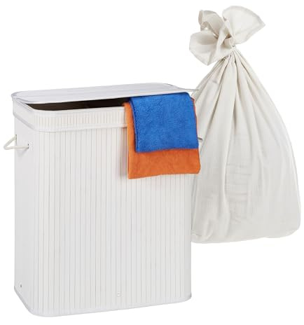 Relaxdays Wäschekorb mit Deckel, 2 Fächer, Bambus, 100 l, faltbar, HxBxT: 60 x 52 x 32 cm, Wäsche Sortiersystem, weiß