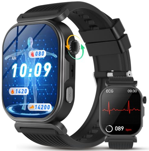 YUPENG Smartwatch EKG/HRV/Blutdruckmessung/Harnsäure, 1,88 Gesundheitsuhr | Schlafmonitor/Herzfrequenz/SpO2/BMI/Körpertemperatur/Telefonfunktion, SOS-Notruf, 120+ Sport Mode für Android iOS, Schwarz