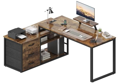 TRIUMPHKEY L-Shaped Desk with 3 Drawers, 140 x 100 x 75 cm, Corner Desk with Shelves, Reversible L-Shape Design with 2 USB Charging Ports & 2 Power Outlets, Home Office Desk, Brown