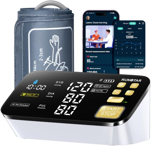 RunStar Smart AFib Misuratore di Pressione sanguigna da Braccio (22-44cm), Display LED Chiaro da 6,5'', Modalità Doppio Utente con 2x99 Posizioni di Memoria, App Connettiva per iOS e Android