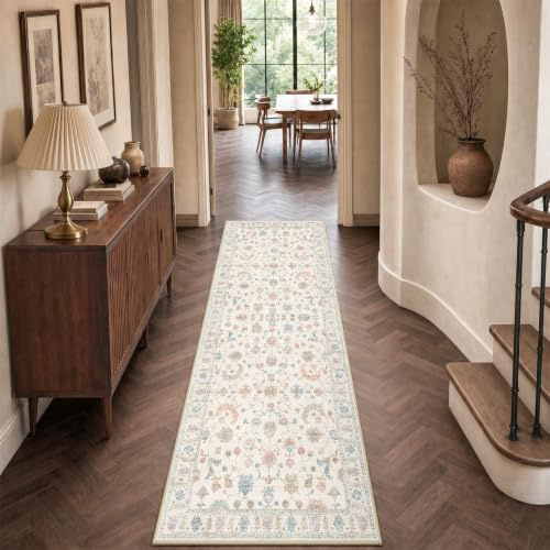 INOVADAY Waschbarer Teppich Boho 80x250 cm Cremeweiß Flur Läufer Teppich | Schlafzimmer, Wohnzimmer, Küche, Vintage, Büro, Esszimmer, Diele, Kurzflor, Rutschfest, Druckmuster, Weich, Pflegeleicht