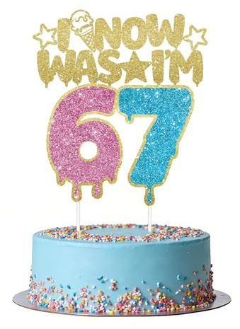 Glamoreal I WAS 6 NOW I'M 7 Cake Topper, 6 7 Birthday Decorations Cake Decor for Boy Girl 7 Years Old, Glitter 67 Happy Birthday Party Supllies, Pink+Blue