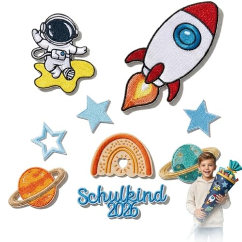 Bügelbilder Schulkind 2026 Weltraum Patches Rakete Astronaut | 8 Stück Bügelflicken zum Aufbügeln für Schultüte, Textilien & Schulanfang Deko