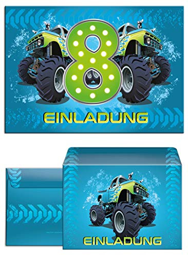 JuNa-Experten 12 Einladungskarten incl. 12 Umschläge 8. Geburtstag Kinder Junge Monstertruck blau/Monster-Truck/Auto/Einladungen achte Kindergeburtstag für Jungen