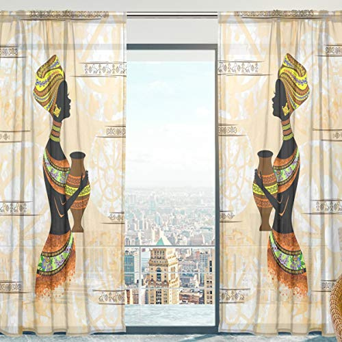 Mnsruu Afrikanische Frau Gardinen Schals Vorhänge Transparent Vorhang für Kleine Fenster Wohnzimmer Schlafzimmer (2er-Set, je 198x140cm)