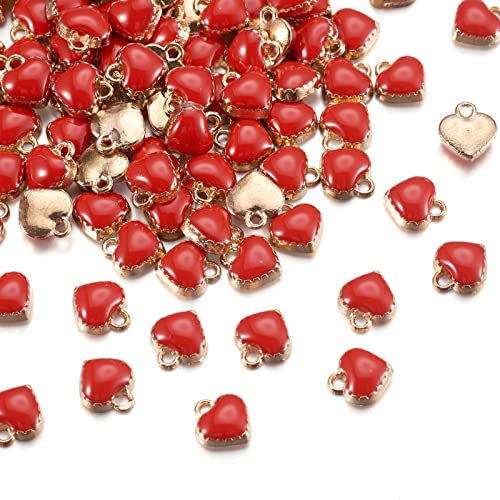 Cheriswelry Lot de 100 mini breloques en forme de cœur rouge en émail plaqué or pour la fabrication de bijoux, bracelets, colliers, boucles d'oreilles, cadeaux de Saint-Valentin
