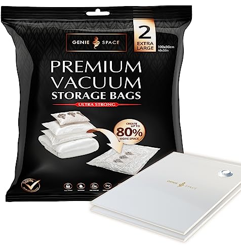 GENIE SPACE - Unglaublich starke Premium platzsparende Vakuumbeutellagerung | 2 x EXTRA GROSS (100x80cm) | Luftdicht & wiederverwendbar | Erstellen Sie 80% mehr Platz | Für Kleidung, Handtücher usw.