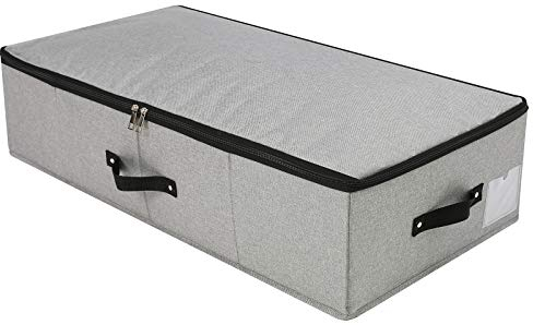 Foldable Under Bed Storage Box with Plastic Support Liner, Handles, Zipper lid, Blankets Clothes Comforters Storage Bin Organizer for Bedroom and Closet, 74.5×38×18cm, Dark Grey