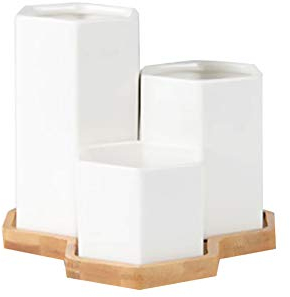 Pot à Plantes En Céramique Hexagonaux, Mini Pot De Fleur Avec Plateau En Bambou Pour Les Plantes Grasses, Plantes Succulentes Naturelles En Pot Pour Intérieur Du Salon, Jardin, Décoration De Table