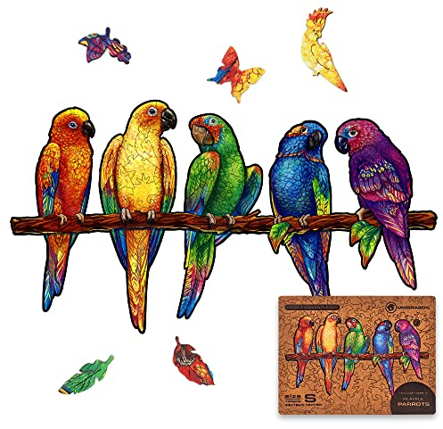 UNIDRAGON Original Wooden Jigsaw Puzzle - Playful Parrots, 104 pcs, Small 13x7.5, Unique Animal Shaped Puzzle Box, Birthday Gift Idea for Kids, Adults, Girls, Boys, Family Game and Hobby