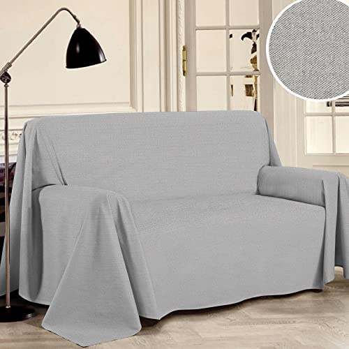 PENSIERI DELICATI Sofabezug 250 x 290 cm Made in Italy, Garn gefärbtes Abdeckung aus 100% Reiner recycelter Baumwolle, Einfarbig Grau, Ideal als Möbel Tuch, Sofa Überzug, Picknickdecke