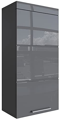Newroom Kommode Badezimmer Schrank Grau Hochglanz mit viel Stauraum - 37x79x31 cm (BxHxT) - Badezimmerschrank Badkommode Badezimmermöbel - [Trinity.Ten]