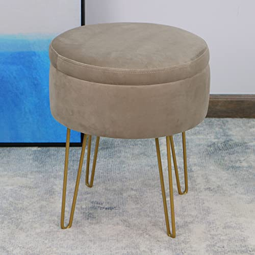 La Maison Velvet Round Stool Ottoman Storage Seat Vanity Dressing Table Stool Chair Coffee Table Tray Metal Legs (Stone)