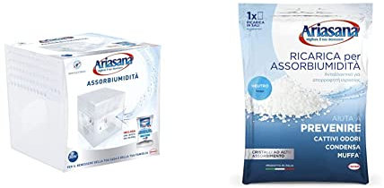 Ariasana 1939850 Kit Mini Deumidificatore, Assorbi umidita fino a 30 m³, Assorbiumidita anche per cantina & 673937 Ricarica Sali assorbiumidita, Inodore, 1 Busta