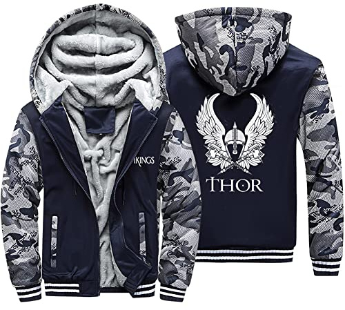 Viking Thicken Plus Fleece Warmer Zip Hoodie, Valhalla Son of Odin Twin Thor's Hammers Bedruckt Sweatshirt, Große Taschen, Schwere Vintage Freizeit Jacke Unique Streetwear