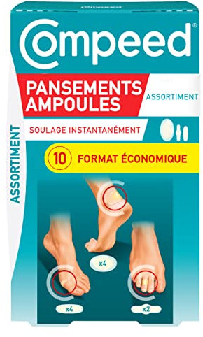 Compeed – 10 Pansements Ampoules Assortiment Pied – Multi-Formats – Technologie Hydrocolloïde – Soulagement Instantané