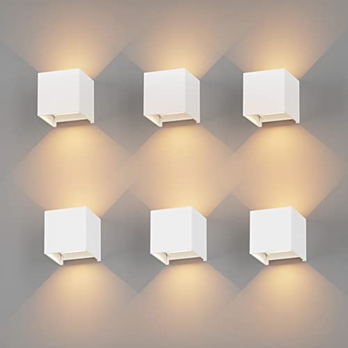 K-Bright 6 Stück LED Wandleuchte Innen/Außen 12W Wandlampe Auf und ab Einstellbarer Lichtstrahl, 3000K Warmweiß Außenleuchte IP65 für Wohnzimmer Schlafzimmer Balkon, Weiß