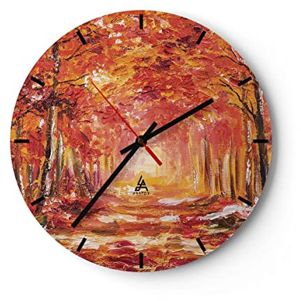 Modern Wanduhr Herbst Wald Rot 30x30cm Rund Klein Wand Uhr Glas Analog Zimmeruhren Küche Büro Wohnzimmer Glasuhr Wall Clock Dekoration Design Wanddekoration Küchenuhr C3AR30x30-4238