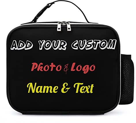 Personalised Photo Lunch Bag with Name for Boys Girls Women Men, Customised Insulated Leather Lunch Box with Picture Logo Printed, Reusable Black Lunch Tote Bags with Water Bottle Holder & Handle