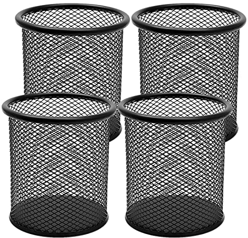 DIFIT 4PC Pen Holder, Metal Pen Pot, Black Pencil Pot, Mesh Pen Holder, Portable Durable Pen Cup, Pen Pots for Desk, Pen Holder for Office/Learning/School/Home, Round