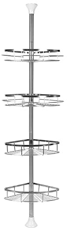 MINGYI Étagère de Douche Télescopique, 4 Étagère, Étagère Salle de Bain en Acier Inoxydable, Étagère d'angle Douche sans Perçage, Réglable en Hauteur 110-280 cm (Argent)